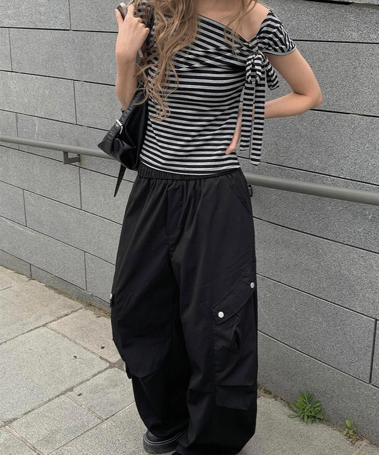 ボーダーワンショルダーリボン半袖Tシャツ STRIPE