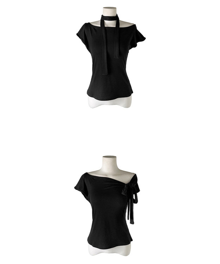 ボーダーワンショルダーリボン半袖Tシャツ