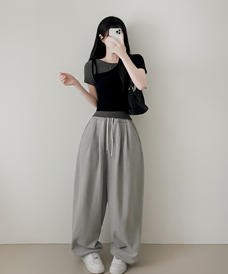 【SET】アンバランスネックバイカラー半袖Tシャツ BLACK+CHARCOAL