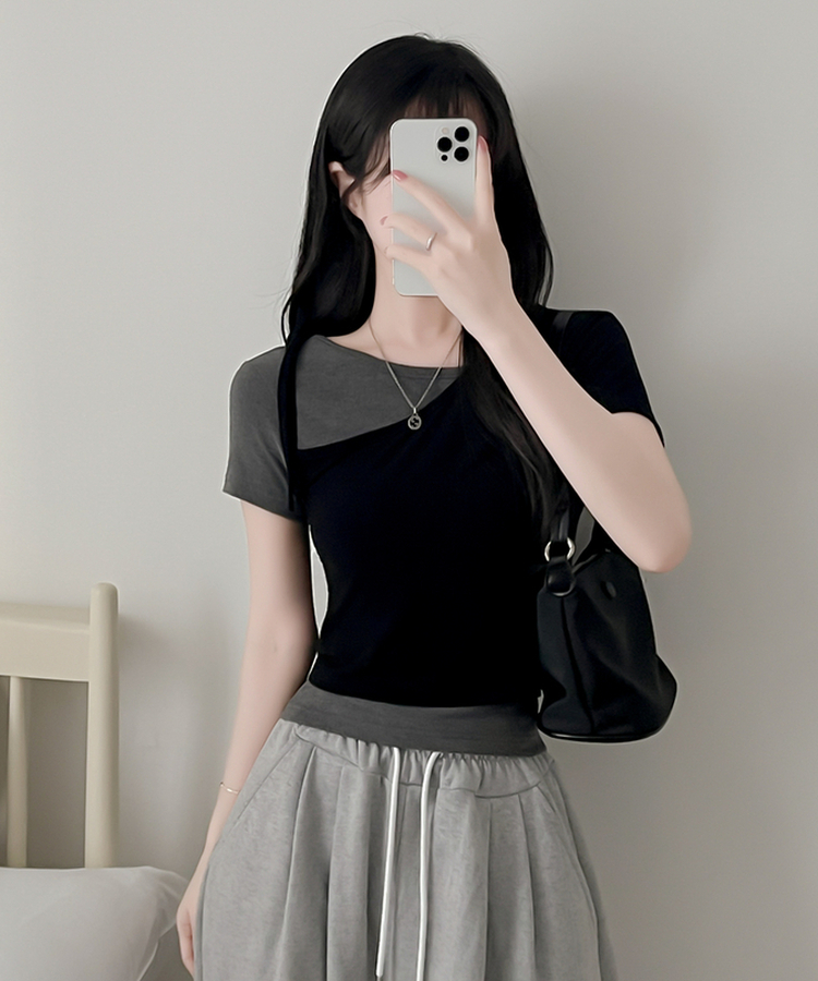 【SET】アンバランスネックバイカラー半袖Tシャツ BLACK+CHARCOAL