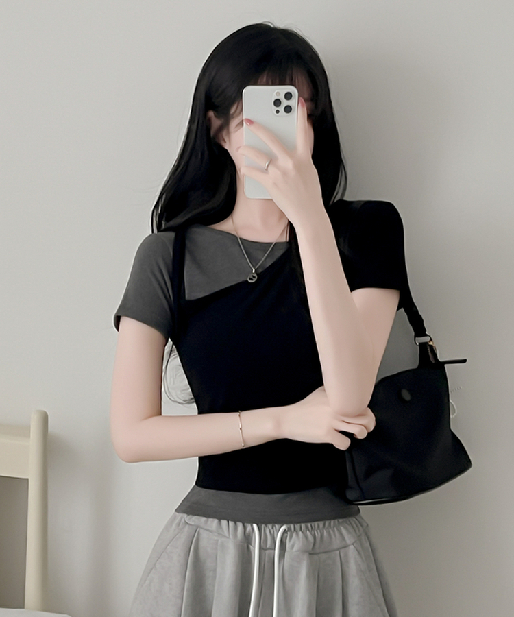 【SET】アンバランスネックバイカラー半袖Tシャツ BLACK+CHARCOAL