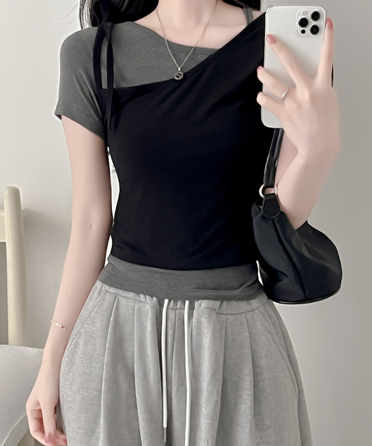 【SET】アンバランスネックバイカラー半袖Tシャツ BLACK+CHARCOAL