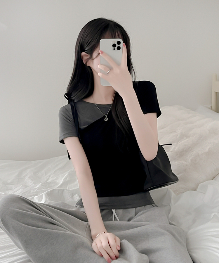 【SET】アンバランスネックバイカラー半袖Tシャツ BLACK+CHARCOAL