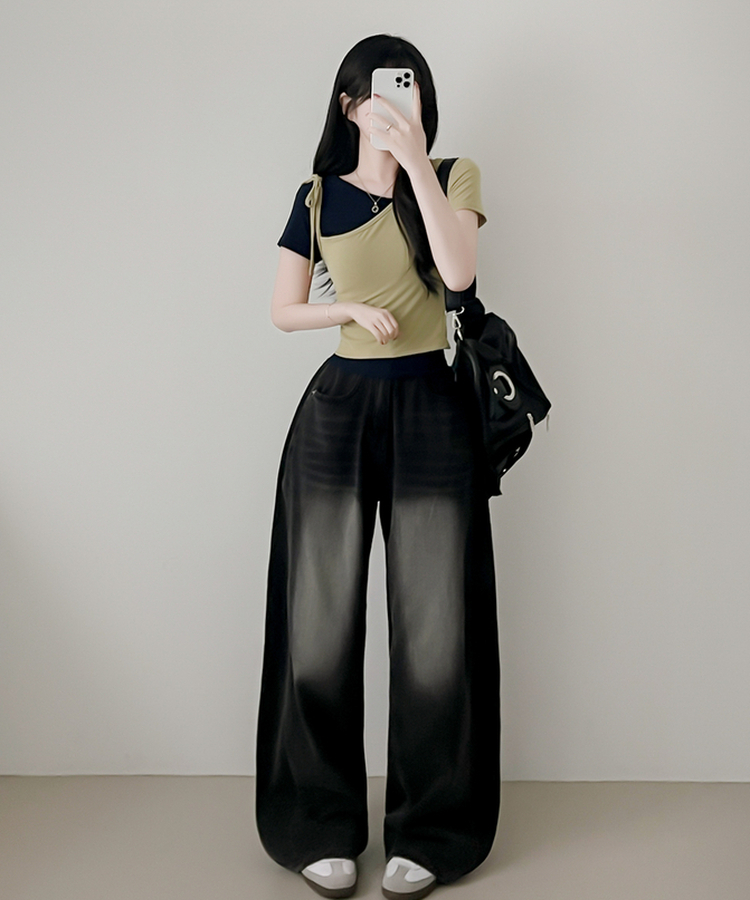 【SET】アンバランスネックバイカラー半袖Tシャツ OLIVE