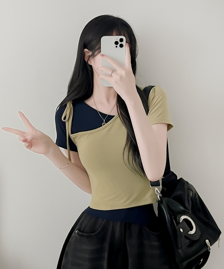 【SET】アンバランスネックバイカラー半袖Tシャツ OLIVE