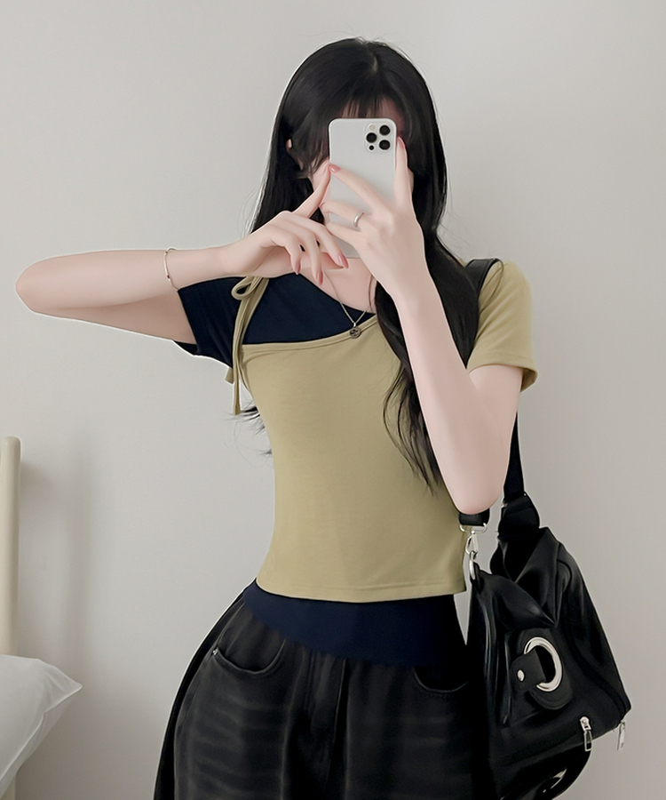 【SET】アンバランスネックバイカラー半袖Tシャツ OLIVE