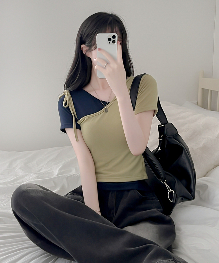 【SET】アンバランスネックバイカラー半袖Tシャツ OLIVE