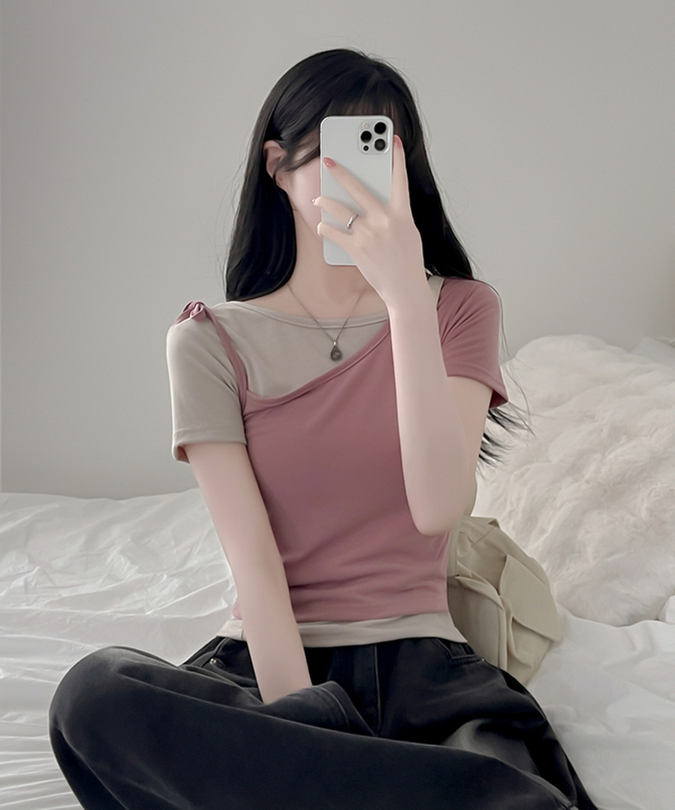 【SET】アンバランスネックバイカラー半袖Tシャツ PINK BEIGE