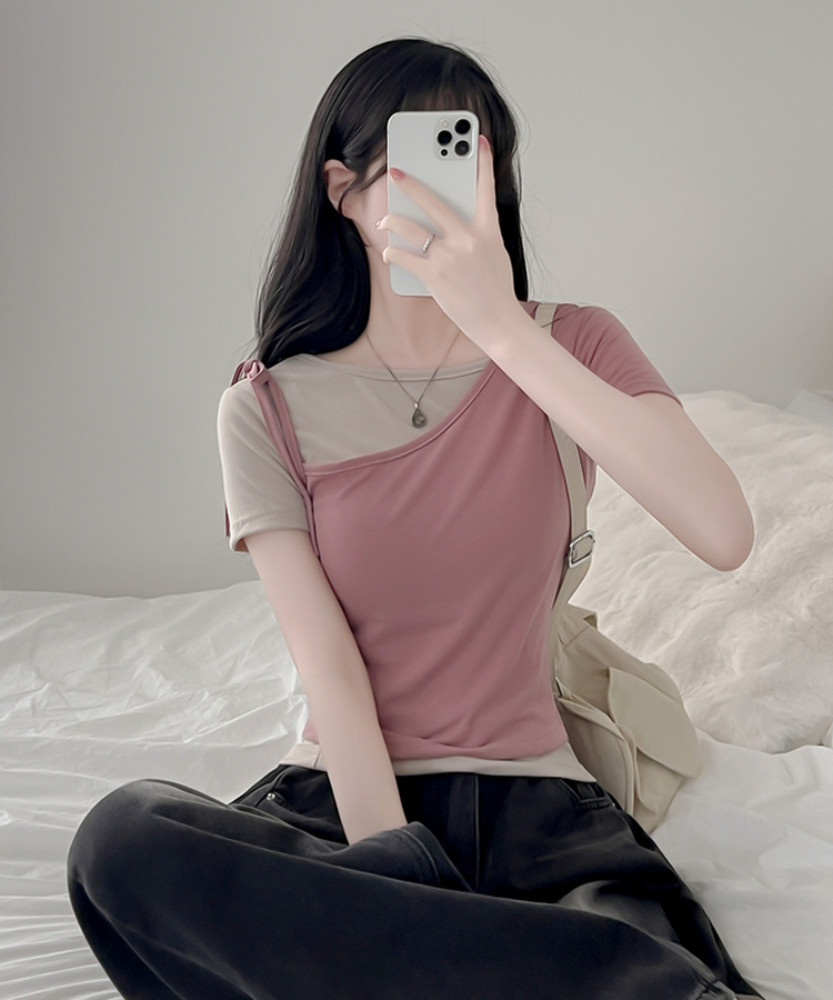 【SET】アンバランスネックバイカラー半袖Tシャツ PINK BEIGE