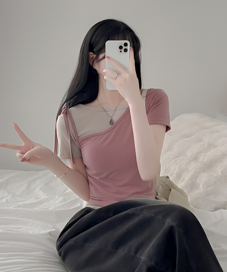 【SET】アンバランスネックバイカラー半袖Tシャツ PINK BEIGE