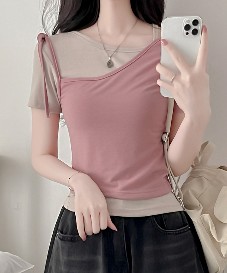 【SET】アンバランスネックバイカラー半袖Tシャツ PINK BEIGE
