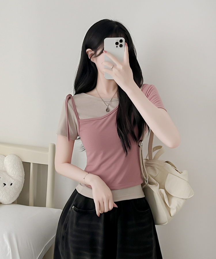 【SET】アンバランスネックバイカラー半袖Tシャツ PINK BEIGE
