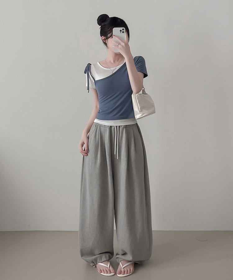 【SET】アンバランスネックバイカラー半袖Tシャツ BLUE