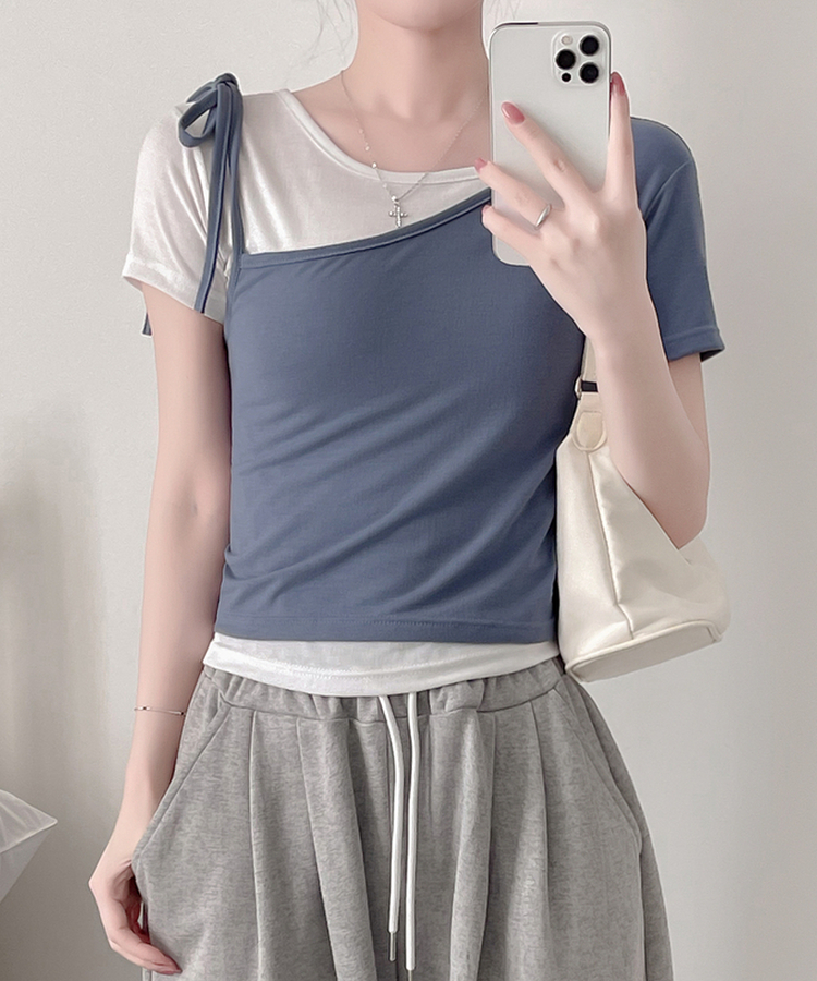 【SET】アンバランスネックバイカラー半袖Tシャツ BLUE