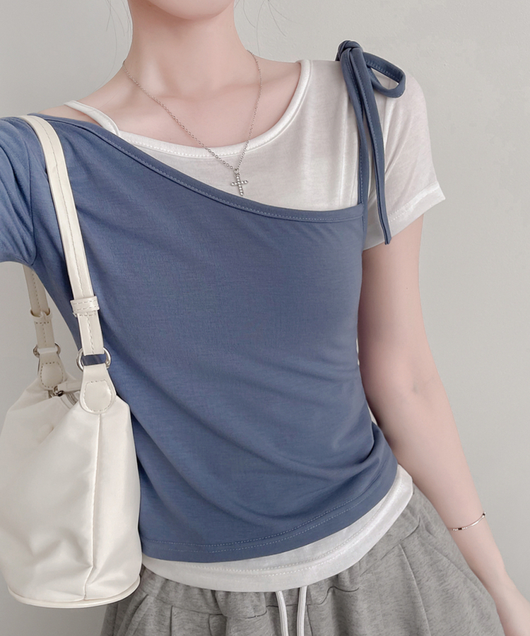 【SET】アンバランスネックバイカラー半袖Tシャツ BLUE