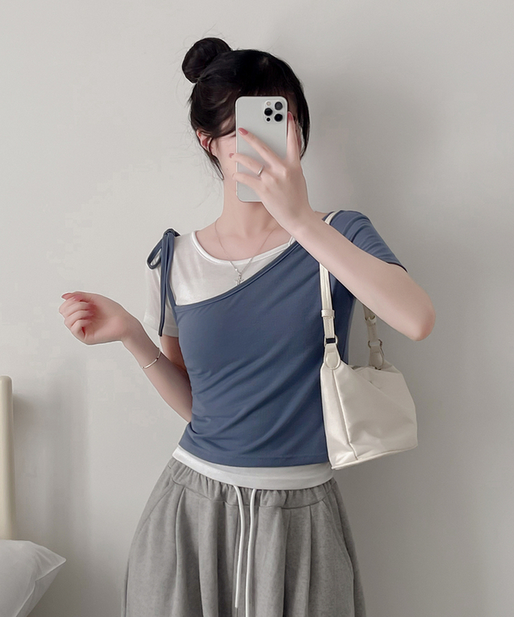 【SET】アンバランスネックバイカラー半袖Tシャツ BLUE