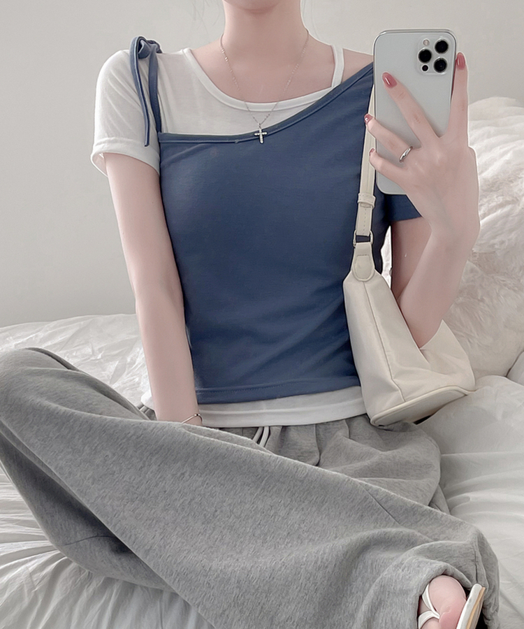 【SET】アンバランスネックバイカラー半袖Tシャツ BLUE