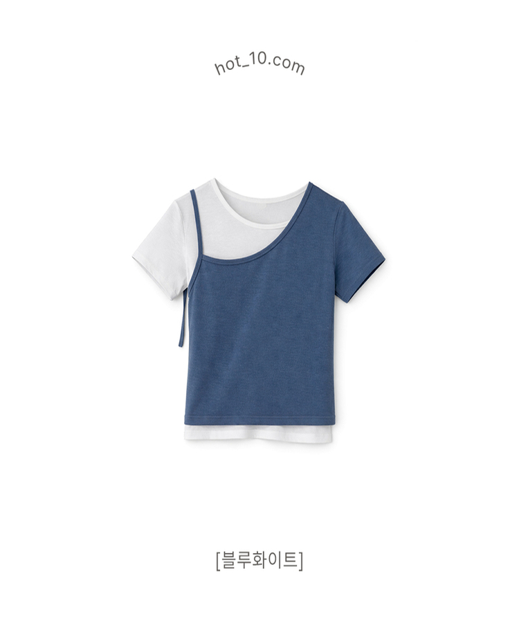 【SET】アンバランスネックバイカラー半袖Tシャツ