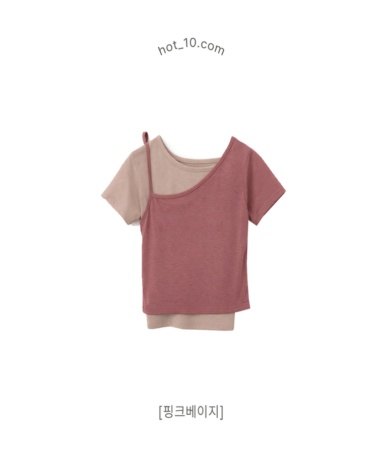 【SET】アンバランスネックバイカラー半袖Tシャツ