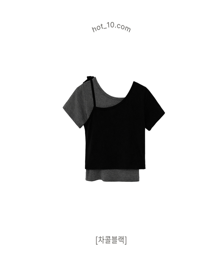 【SET】アンバランスネックバイカラー半袖Tシャツ