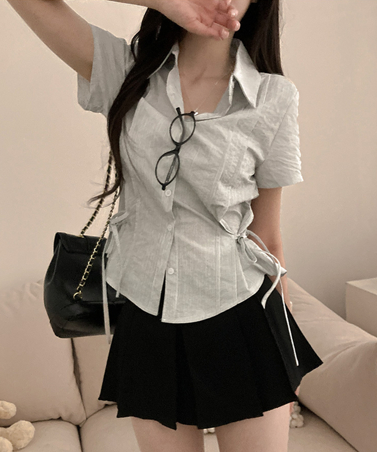 ストライプサイドリボンピンタック半袖ブラウス WHITE