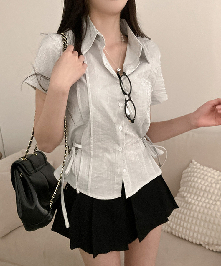 ストライプサイドリボンピンタック半袖ブラウス WHITE