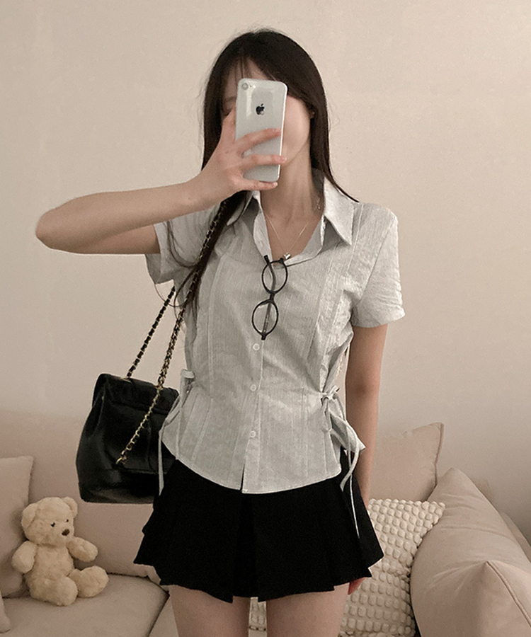 ストライプサイドリボンピンタック半袖ブラウス WHITE