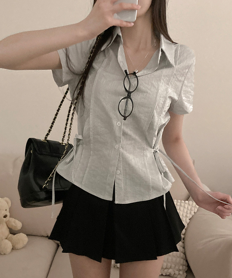 ストライプサイドリボンピンタック半袖ブラウス WHITE