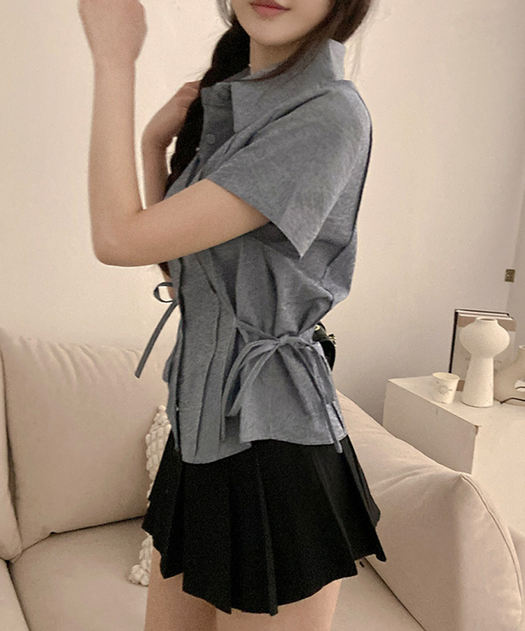 ストライプサイドリボンピンタック半袖ブラウス NAVY