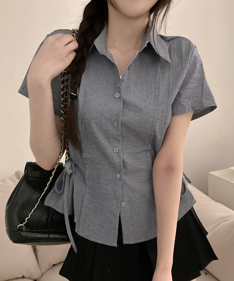 ストライプサイドリボンピンタック半袖ブラウス NAVY