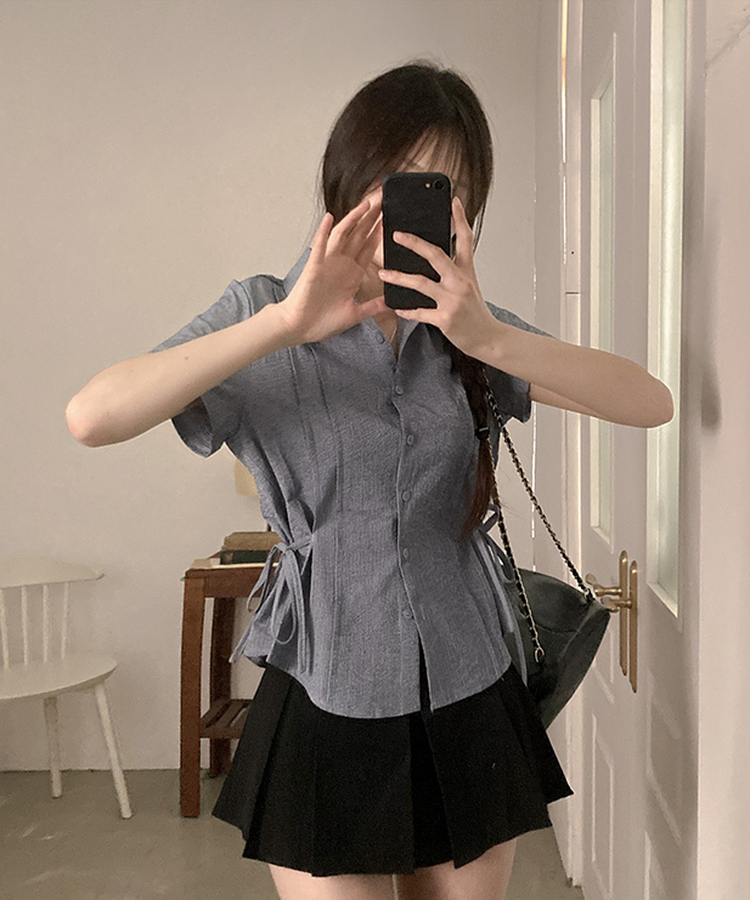 ストライプサイドリボンピンタック半袖ブラウス NAVY