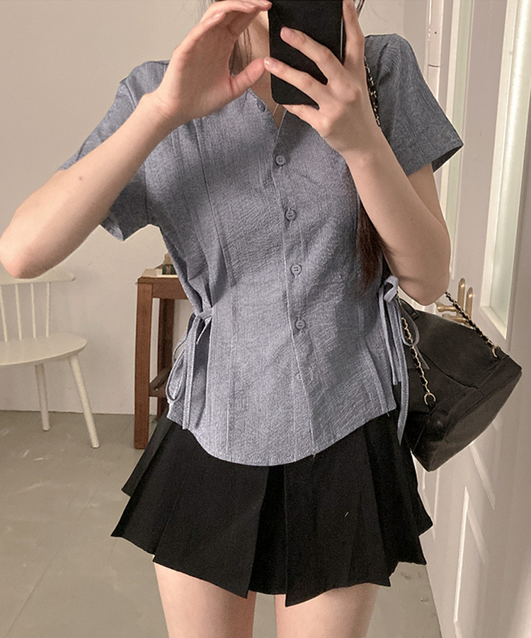 ストライプサイドリボンピンタック半袖ブラウス NAVY