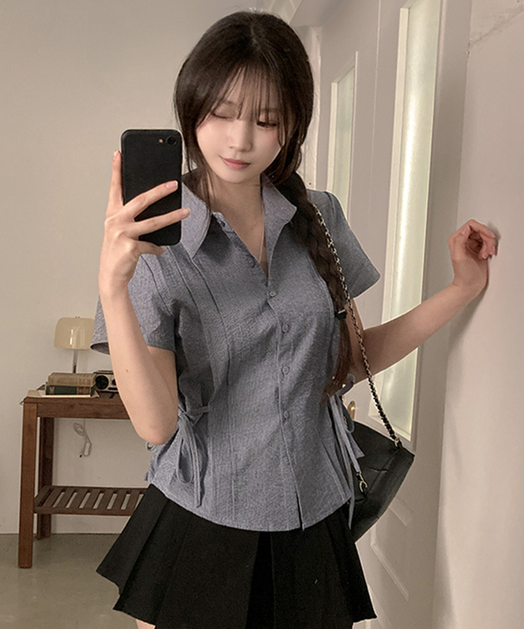 ストライプサイドリボンピンタック半袖ブラウス NAVY