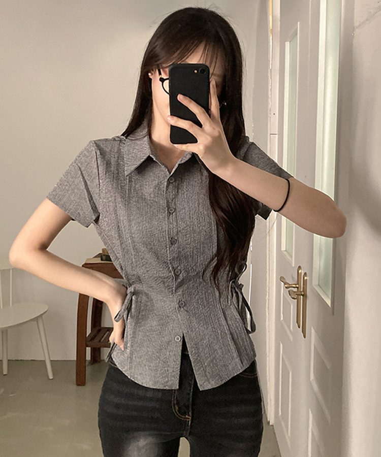 ストライプサイドリボンピンタック半袖ブラウス BLACK