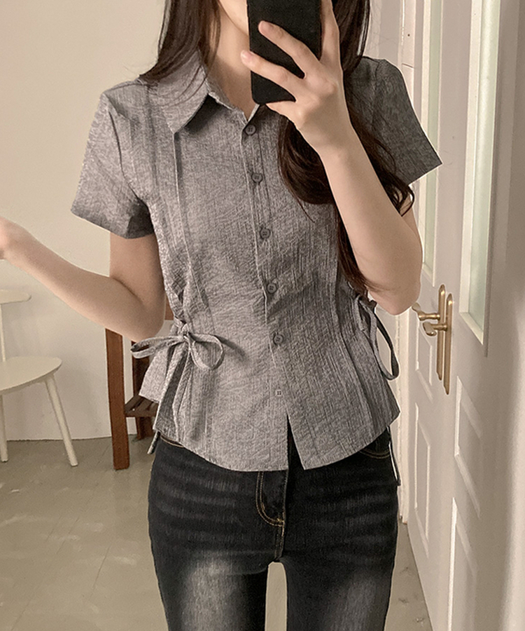 ストライプサイドリボンピンタック半袖ブラウス BLACK