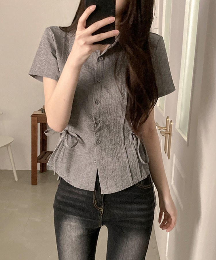 ストライプサイドリボンピンタック半袖ブラウス BLACK