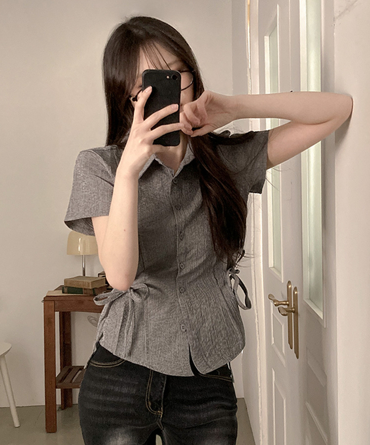 ストライプサイドリボンピンタック半袖ブラウス BLACK