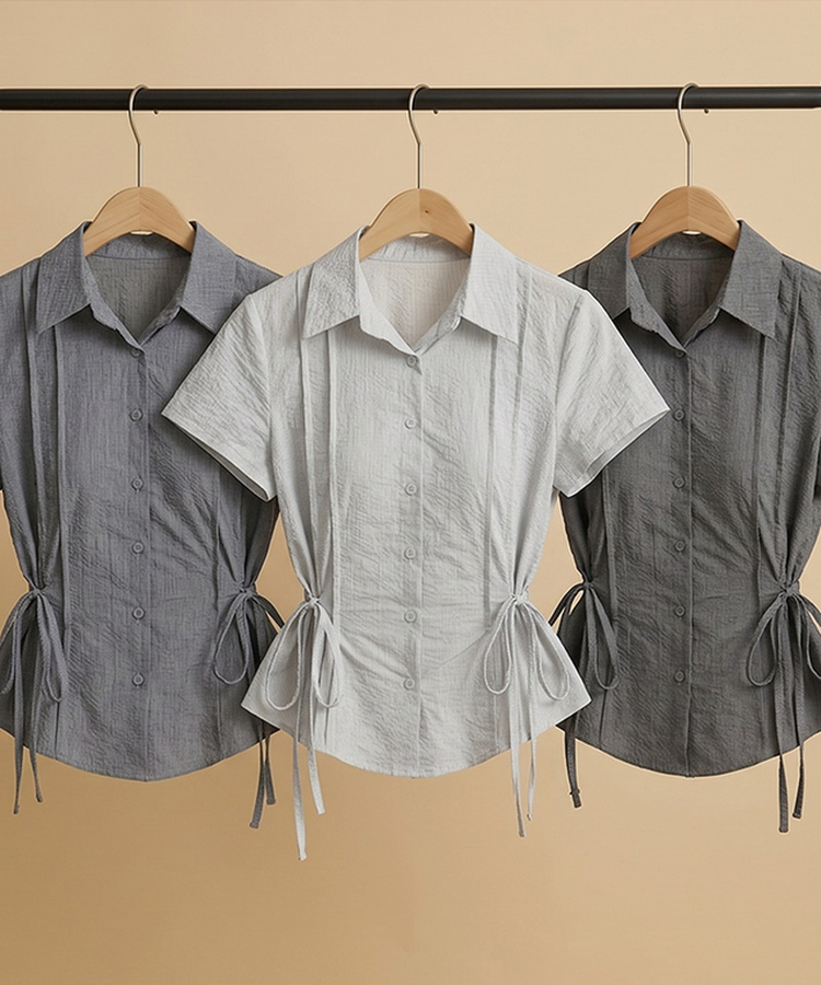 ストライプサイドリボンピンタック半袖ブラウス