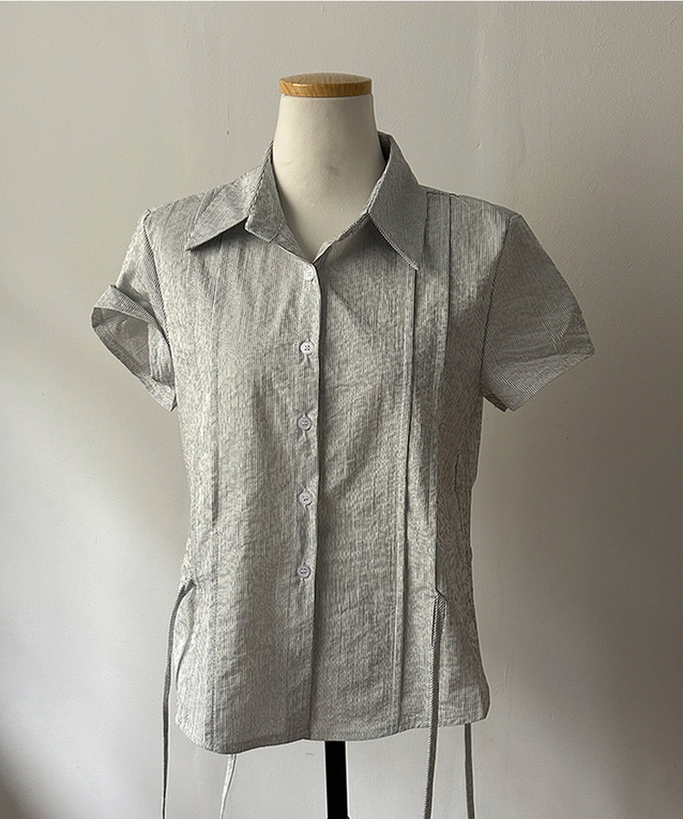 ストライプサイドリボンピンタック半袖ブラウス