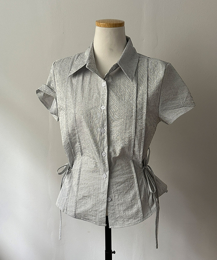 ストライプサイドリボンピンタック半袖ブラウス