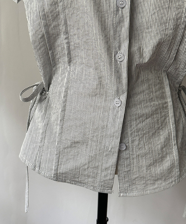 ストライプサイドリボンピンタック半袖ブラウス