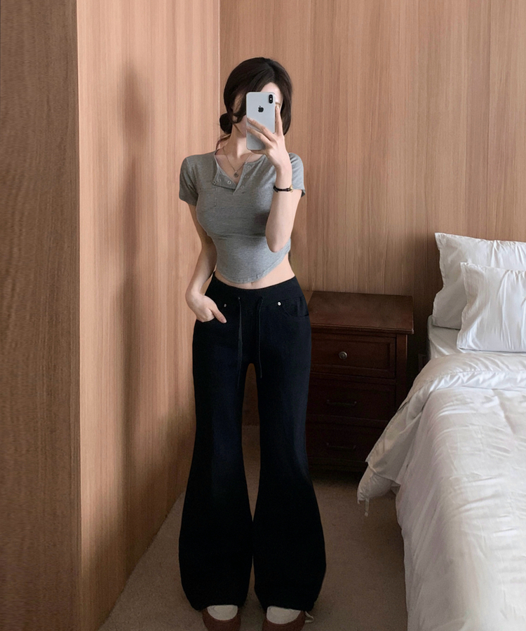 【丈別】ロウライズブーツカットバンディングロングパンツ BLACK