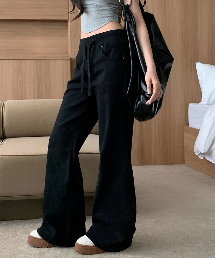 【丈別】ロウライズブーツカットバンディングロングパンツ BLACK