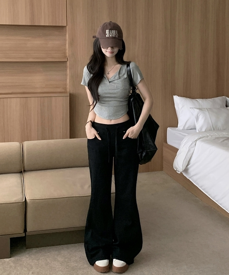 【丈別】ロウライズブーツカットバンディングロングパンツ BLACK