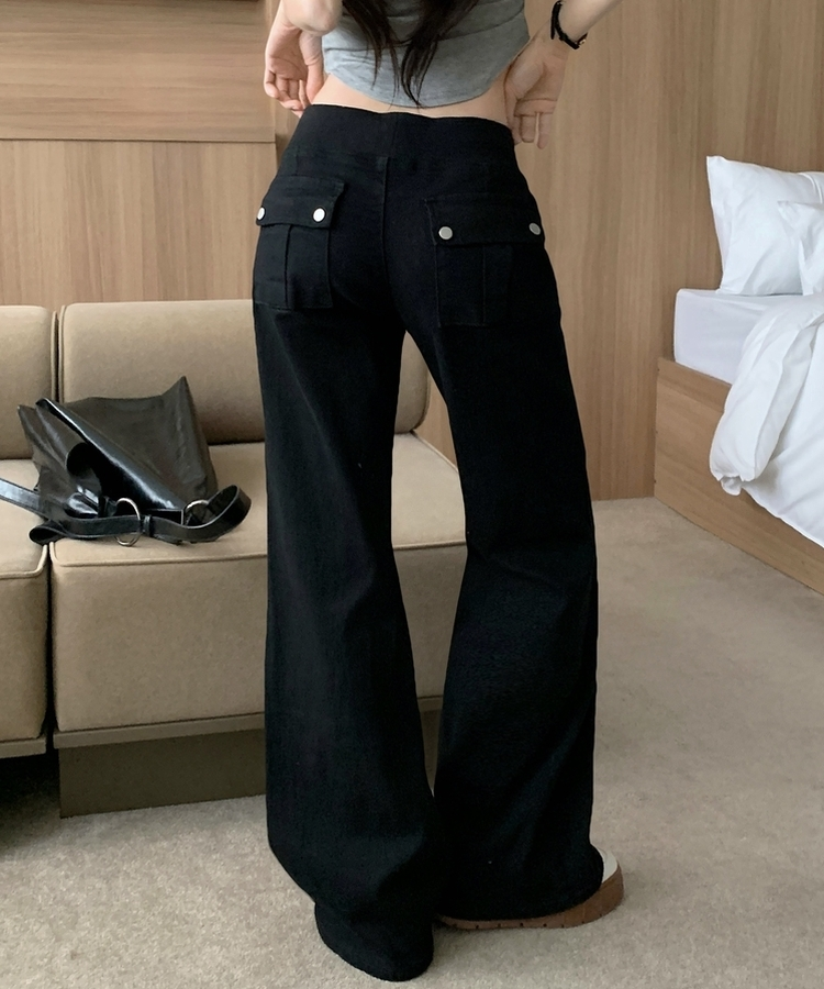 【丈別】ロウライズブーツカットバンディングロングパンツ BLACK