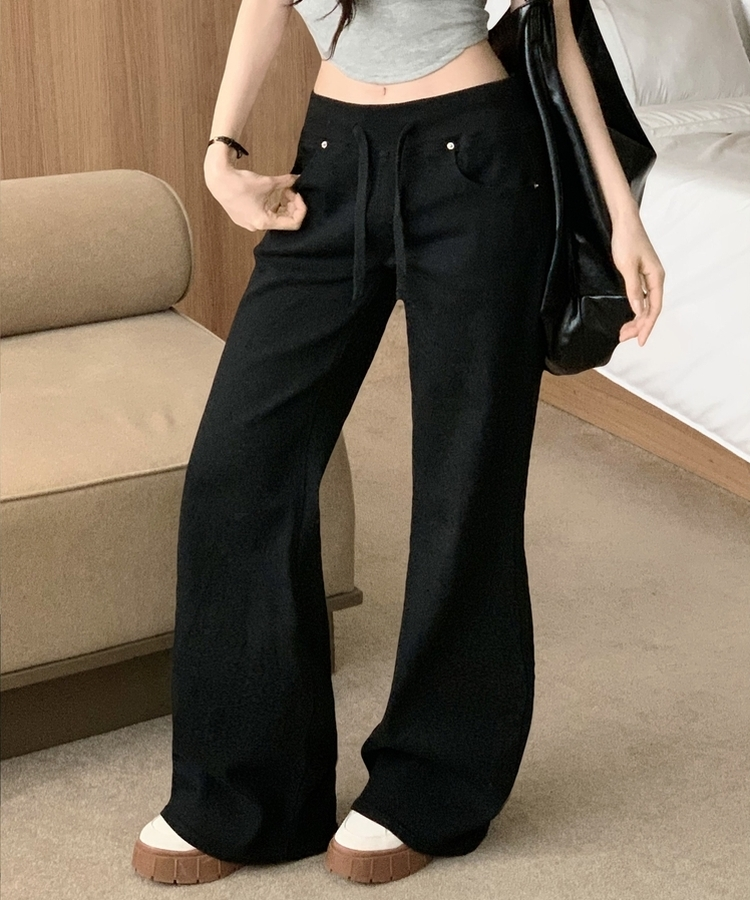 【丈別】ロウライズブーツカットバンディングロングパンツ BLACK