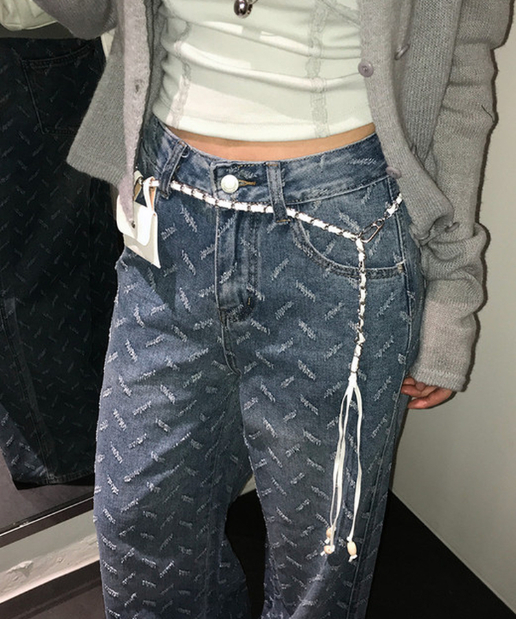 【ベルト付き】ヒップチェーンワイドパンツ MID DENIM