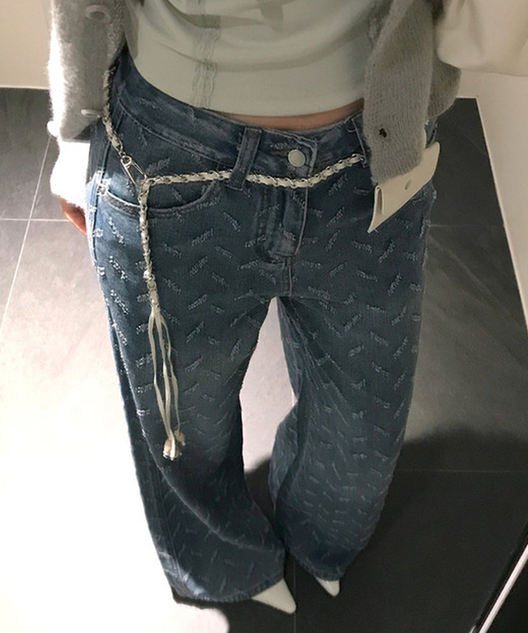 【ベルト付き】ヒップチェーンワイドパンツ MID DENIM