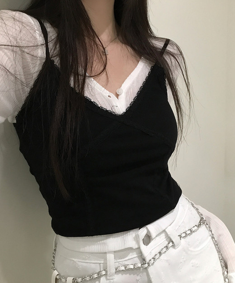 Vネックレースキャミソール(6color) BLACK