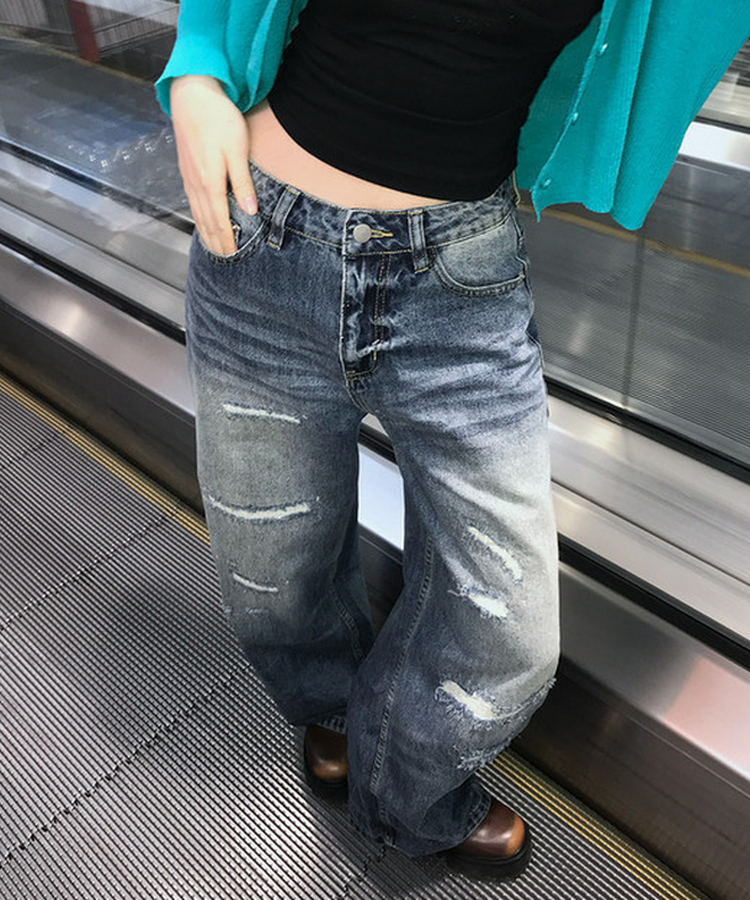 ダメージデニムワイドパンツ MID DENIM